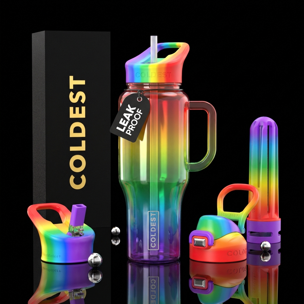 Translucent multi-colored rainbow water bottle design