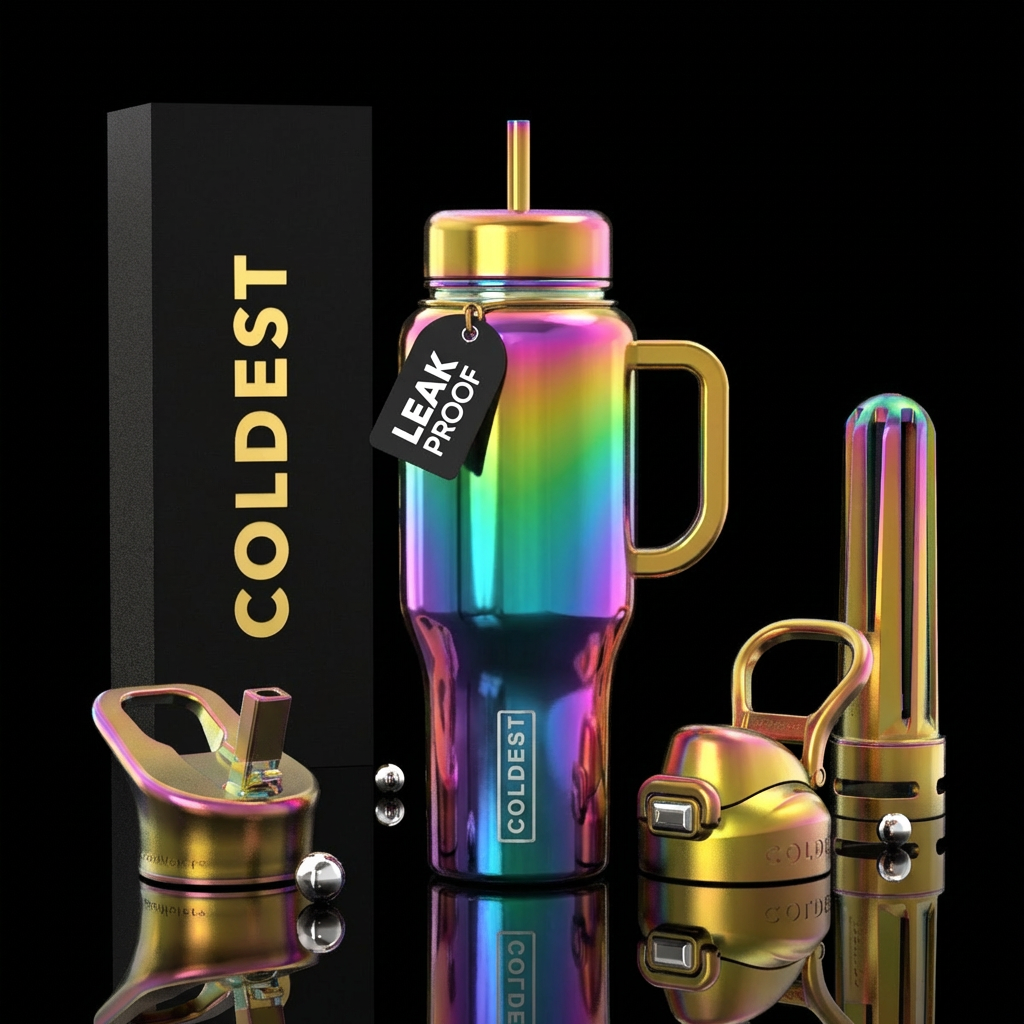 Rainbow neon colorway on a gold lids water bottle design