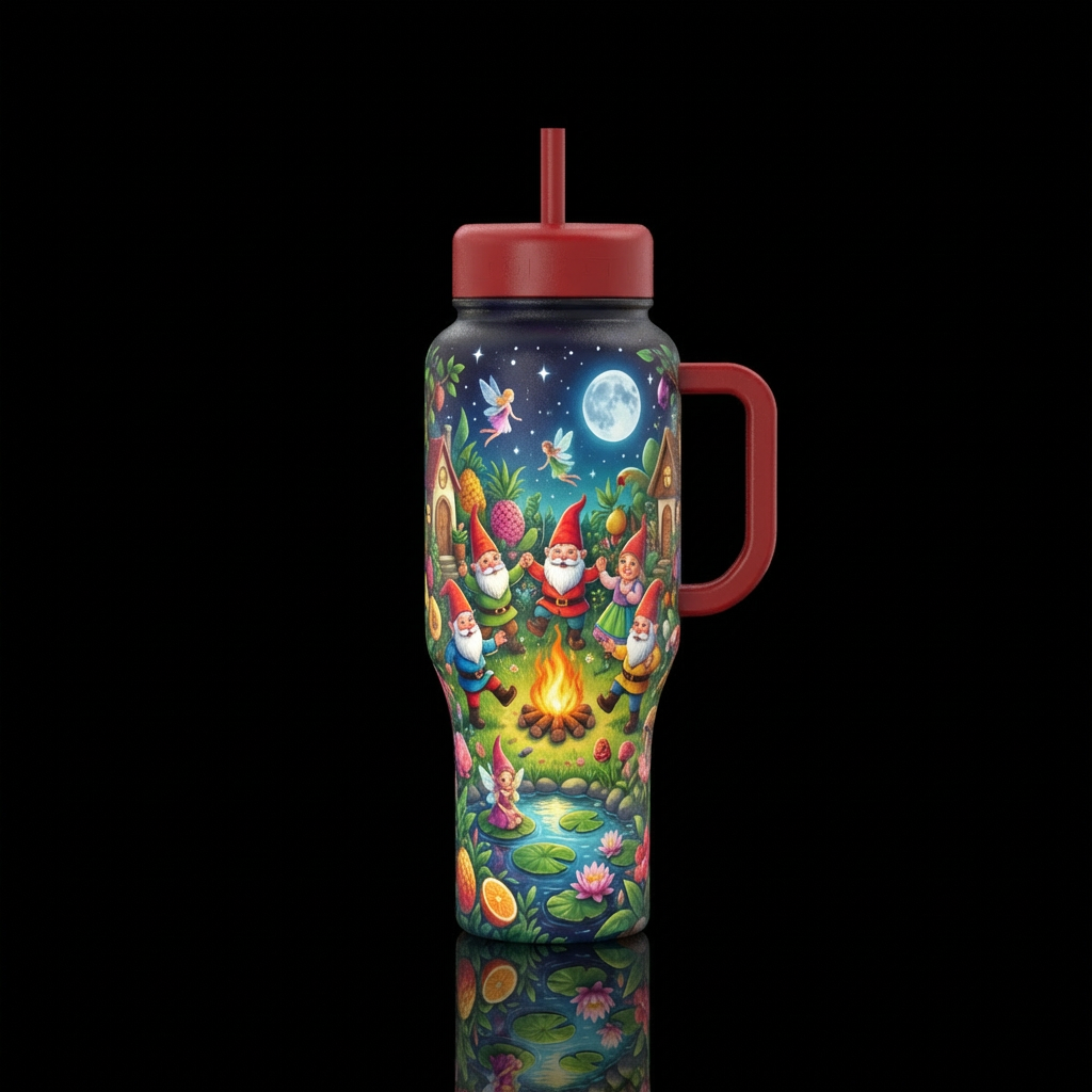 Gnomes in bright colors with red hats in the garde... water bottle design