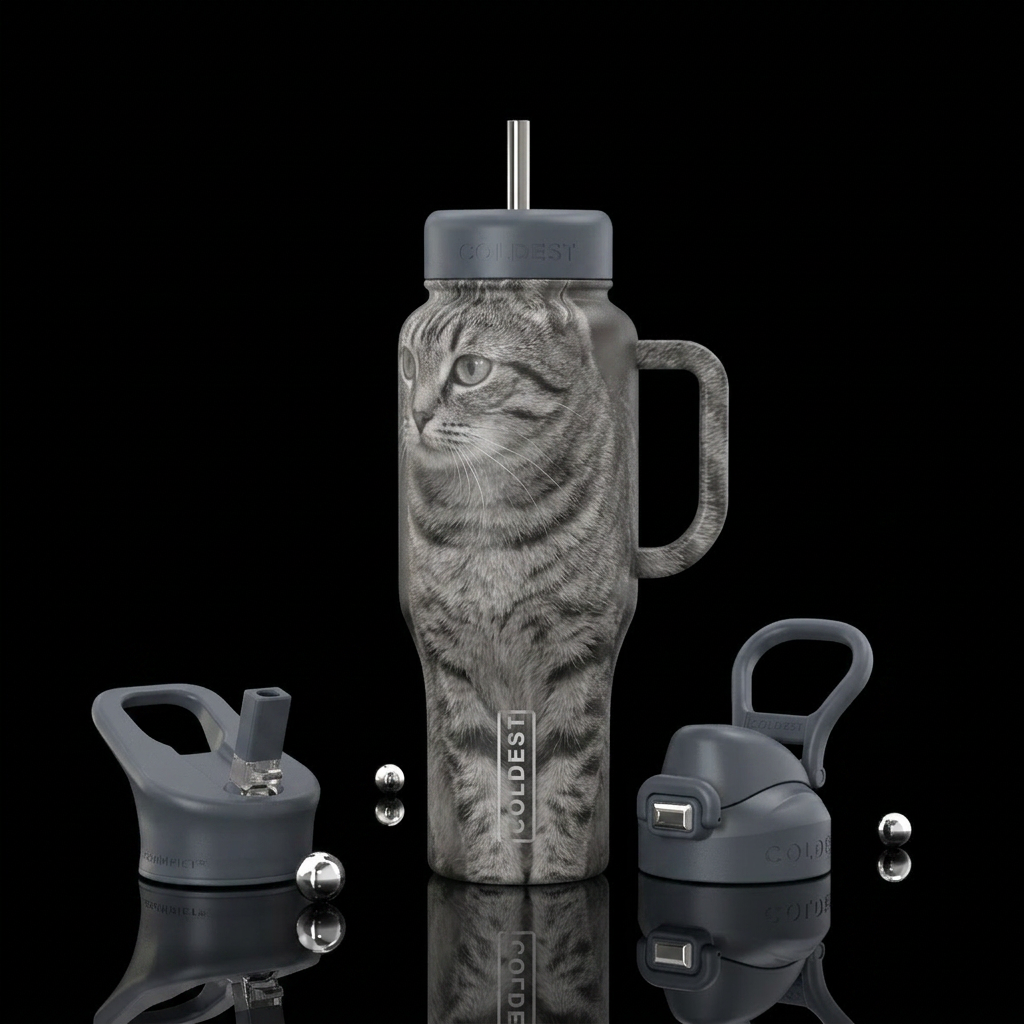 Tabby cat grey water bottle design
