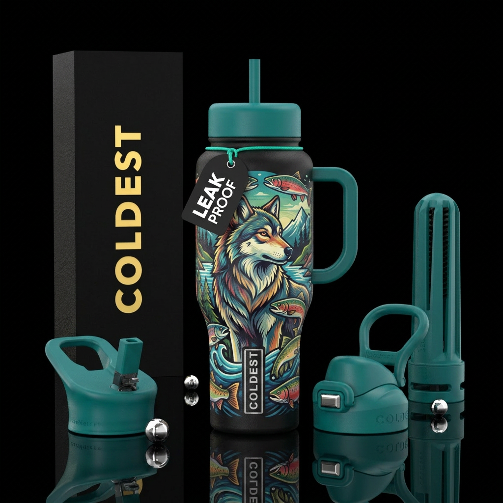 Wolf and fish water bottle design