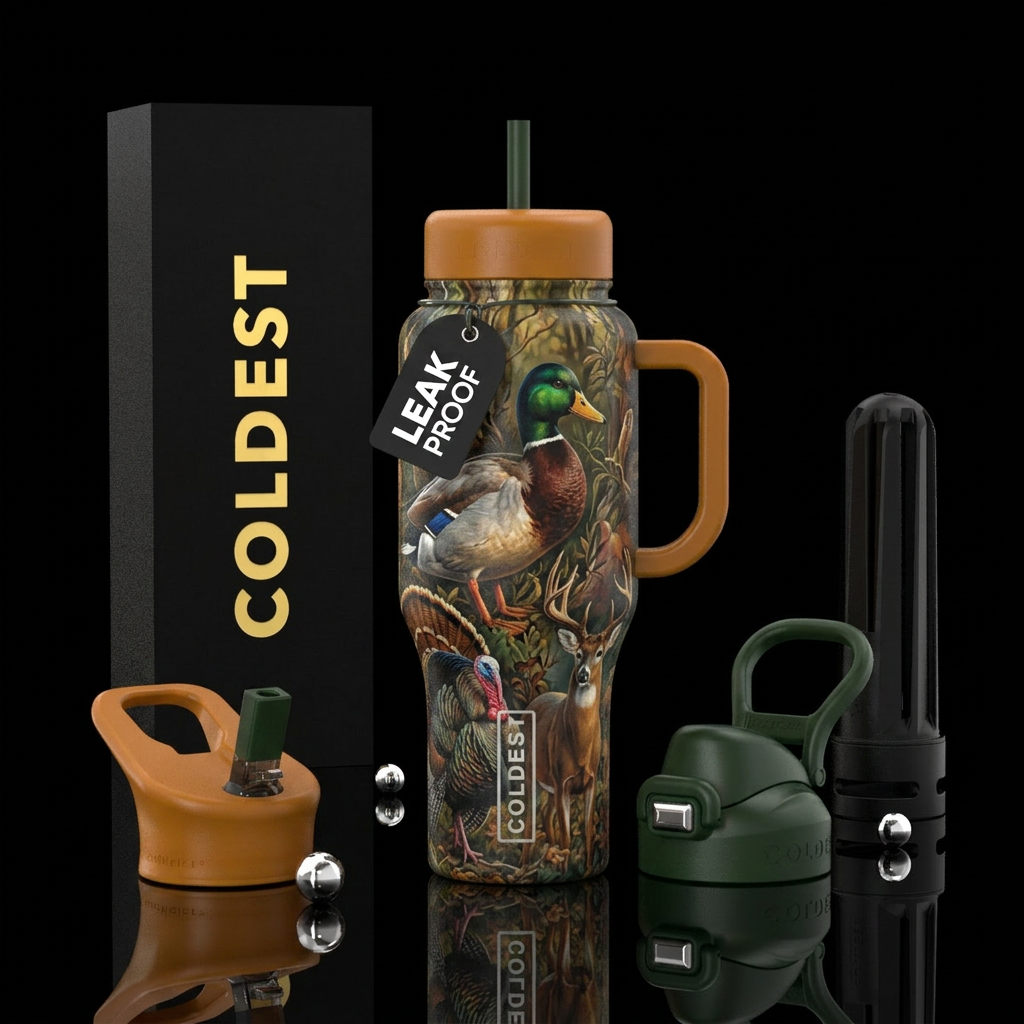 duck and turkey and deer water bottle design