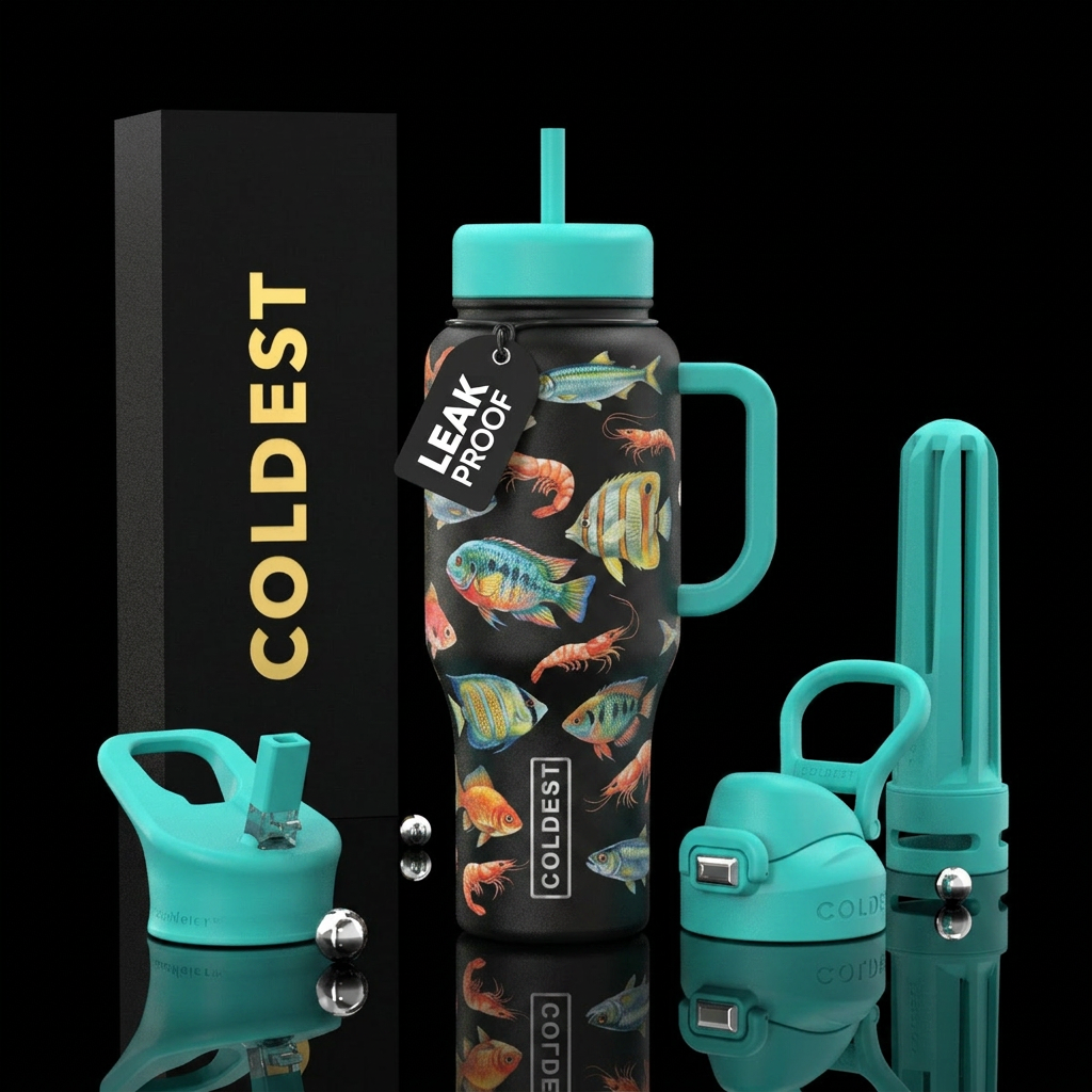 fish and shrimps water bottle design