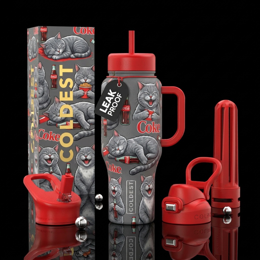 Coke and cats water bottle design