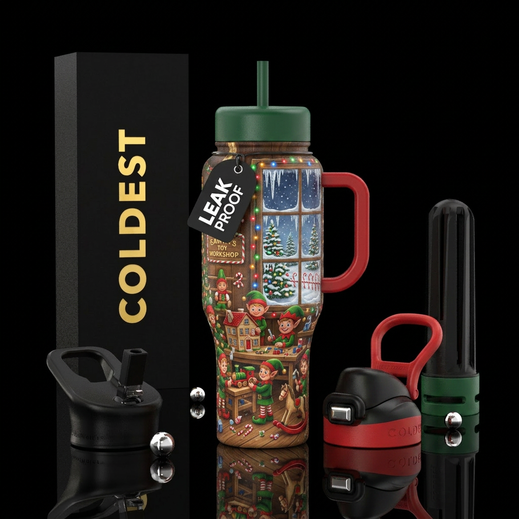 Santa's workshop water bottle design