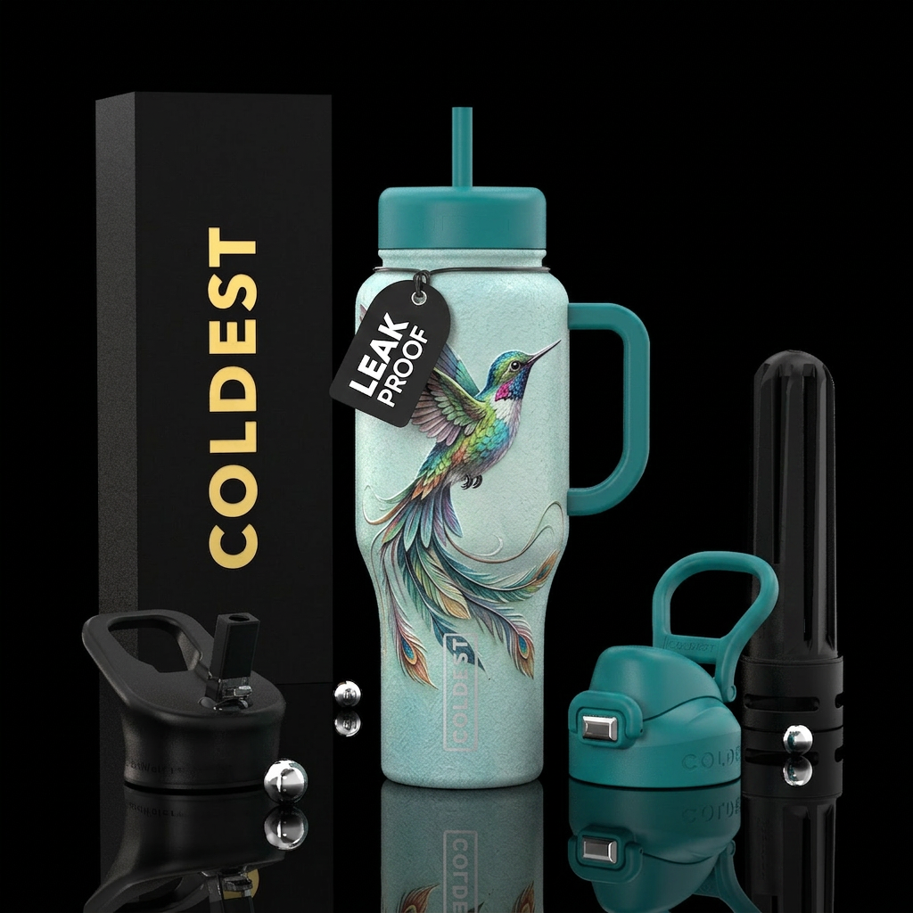 Textured hummingbird on light background with long... water bottle design