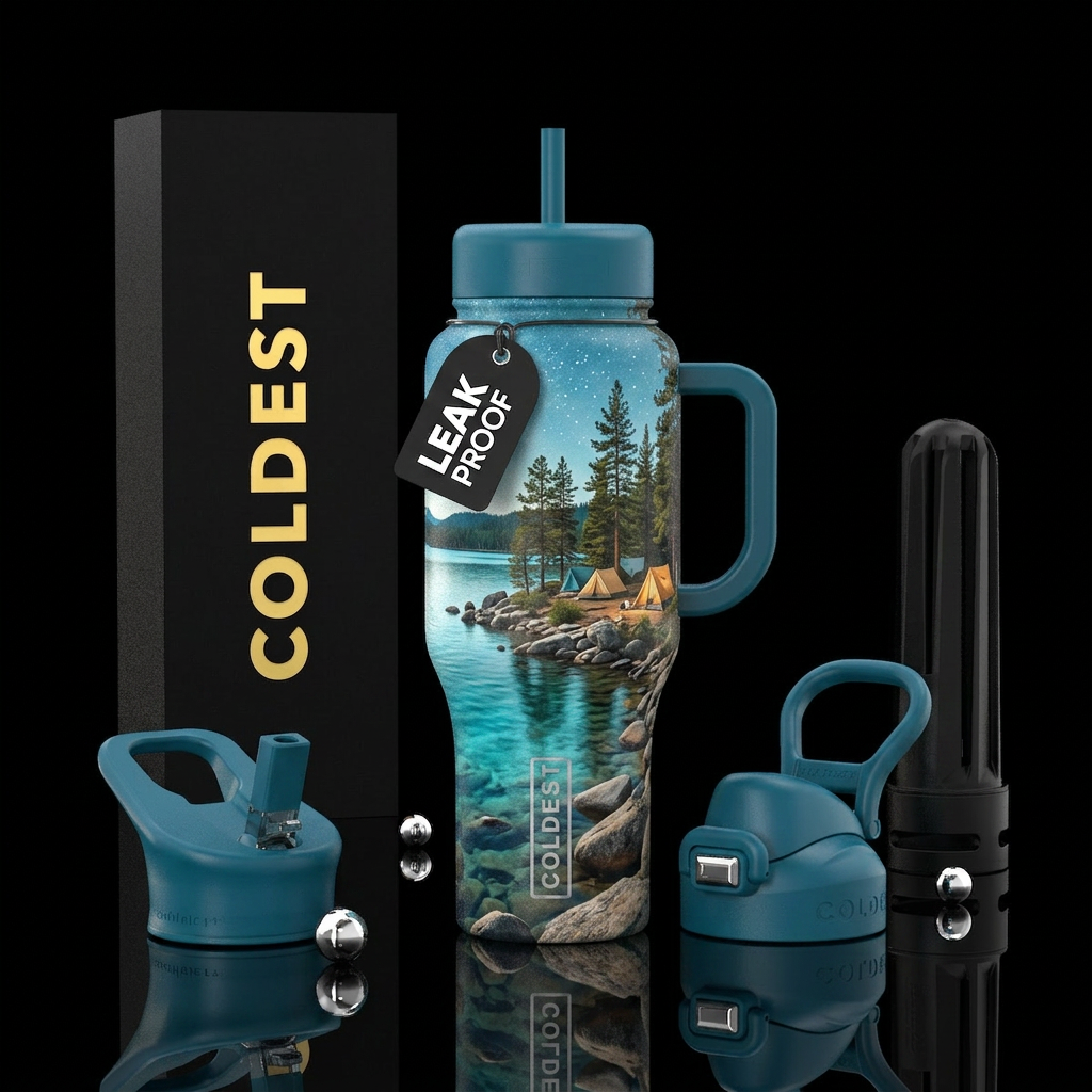 Camping by the lake water bottle design
