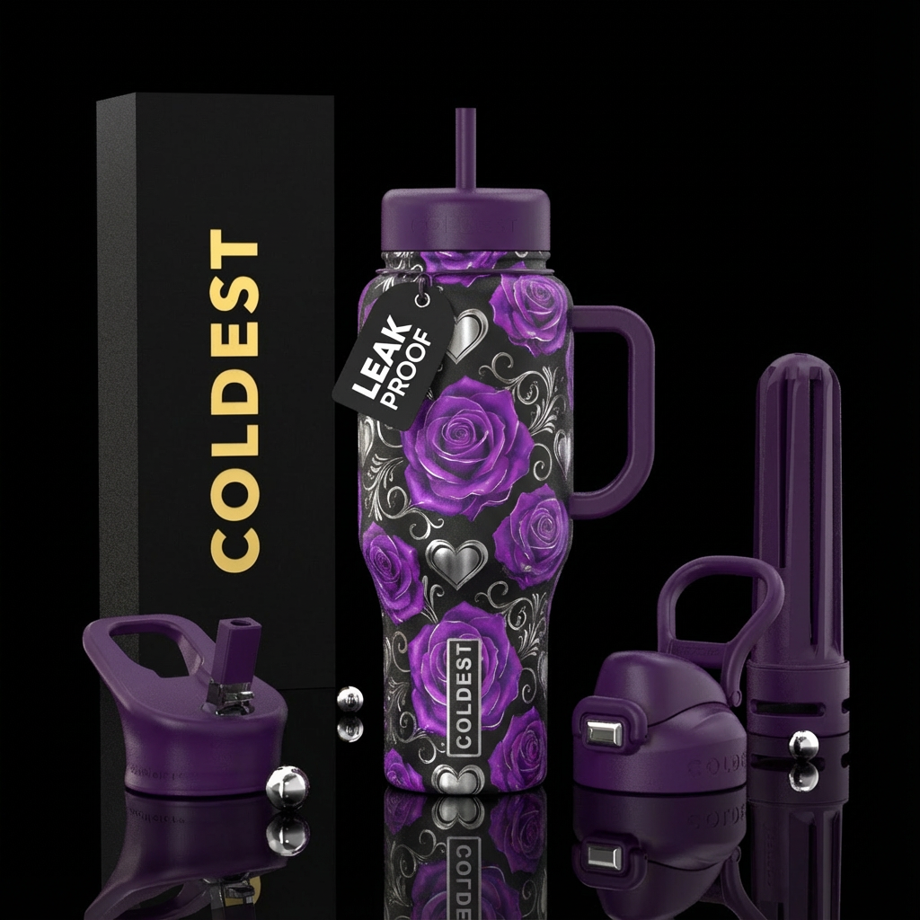 Purple roses and silver hearts water bottle design