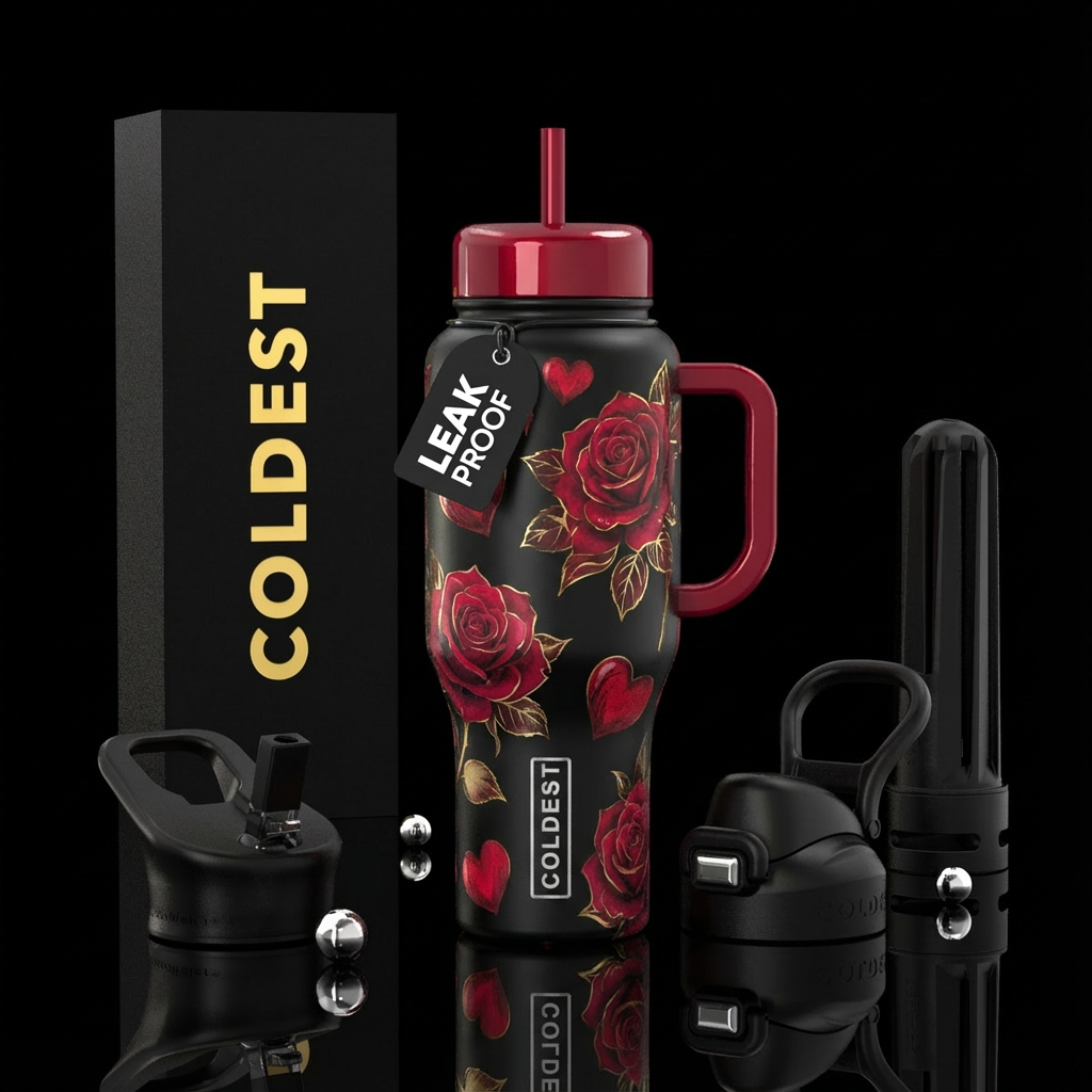 Red roses and  red hearts water bottle design