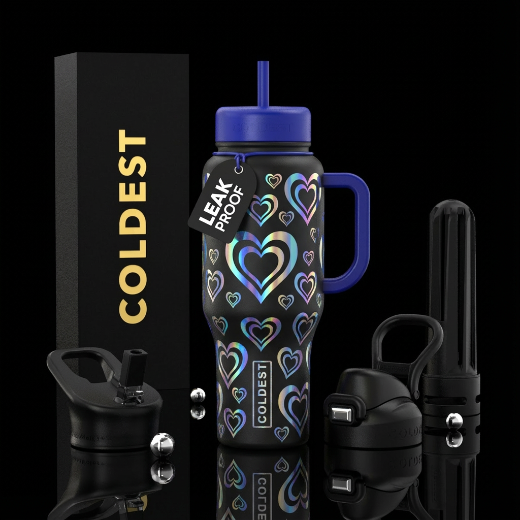 holographic hearts many sizes water bottle design
