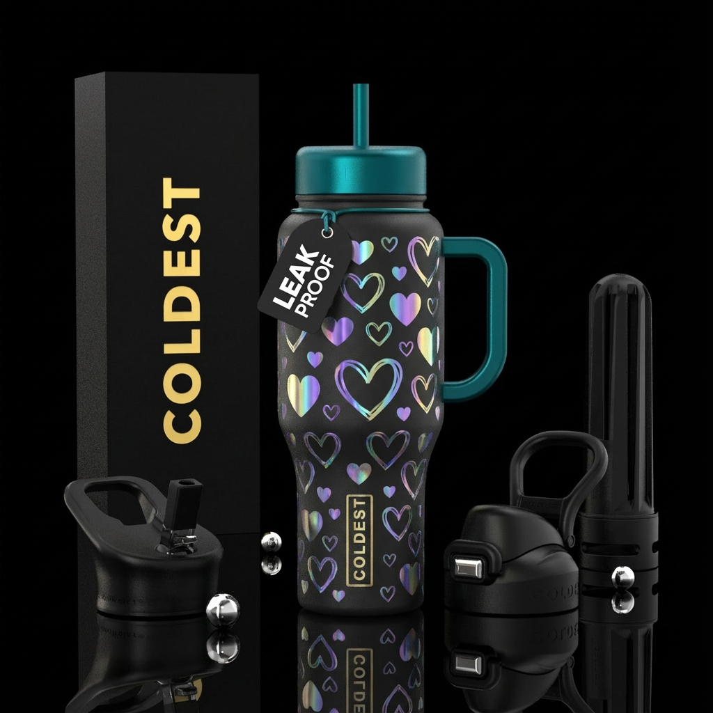 holographic hearts many sizes water bottle design