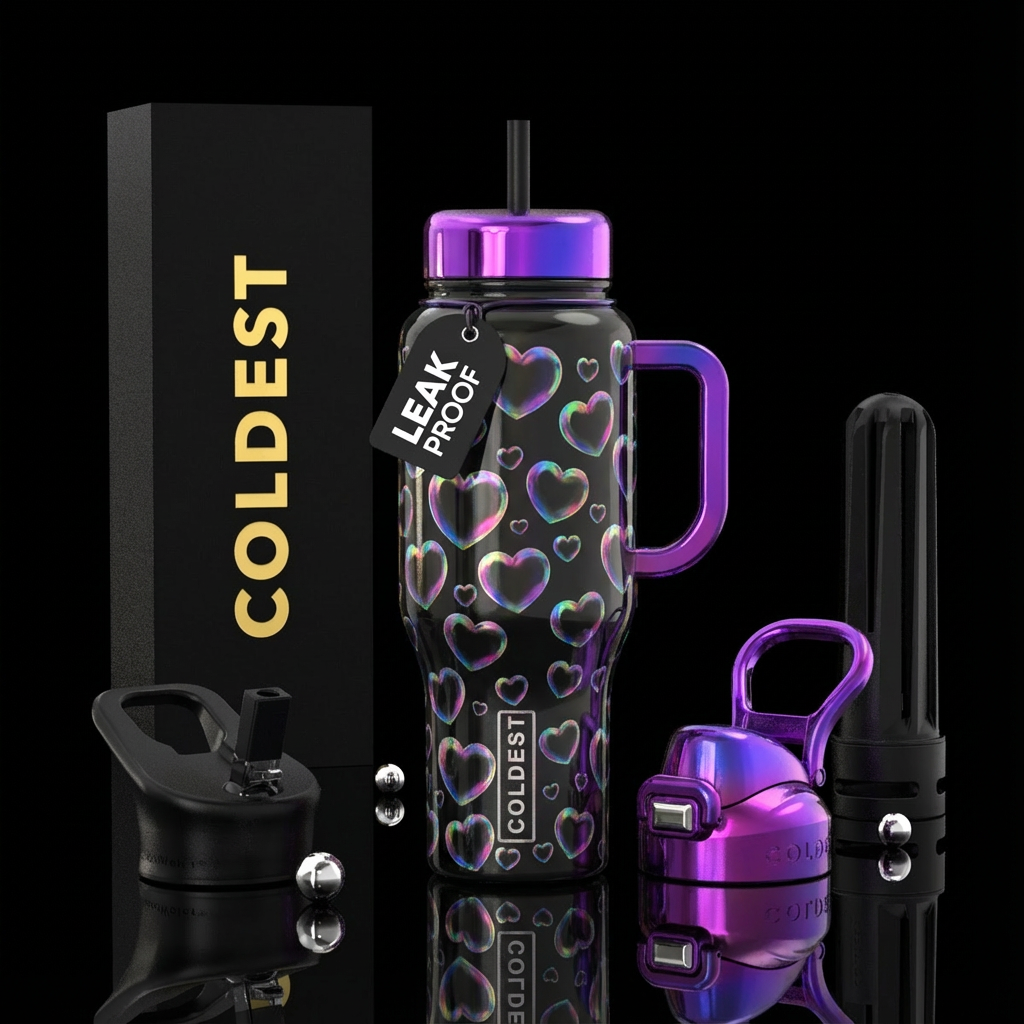 holographic heart bubbles water bottle design