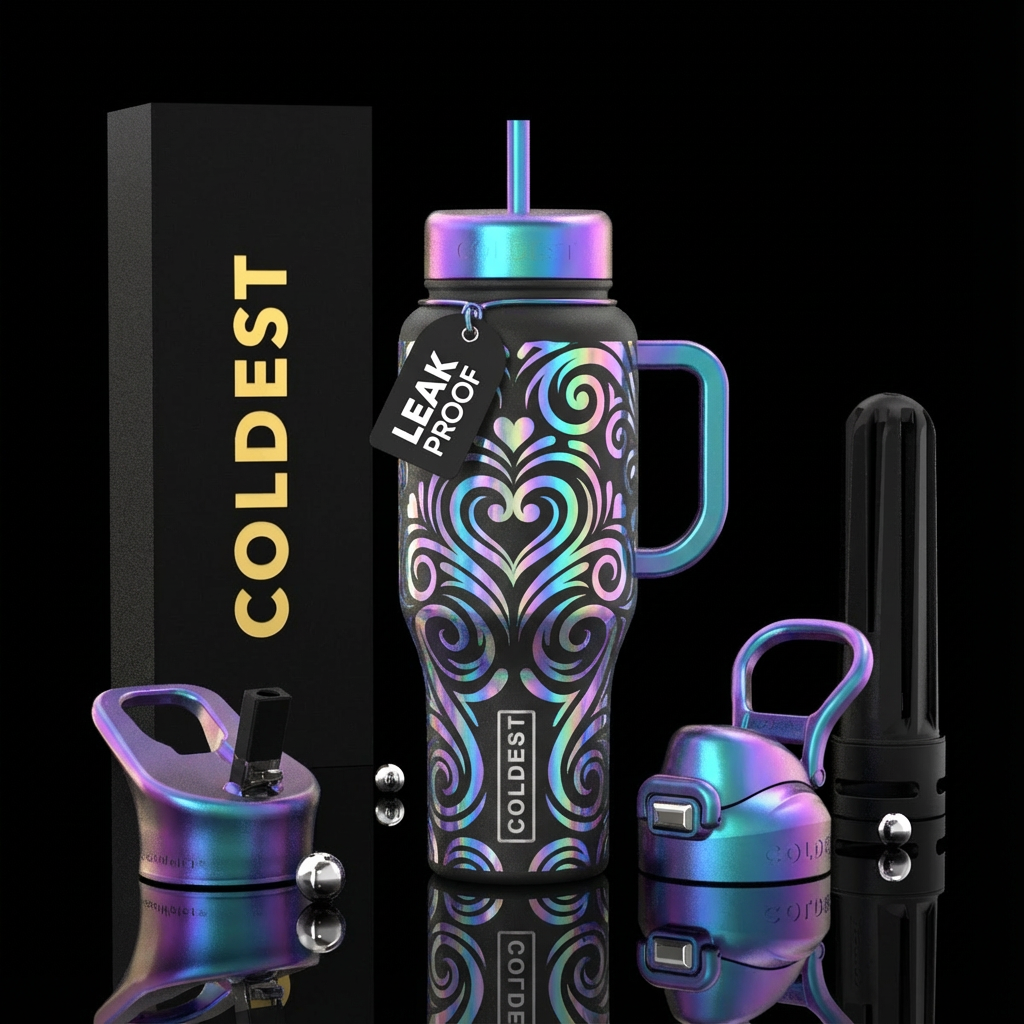 holographic swirls and hearts water bottle design