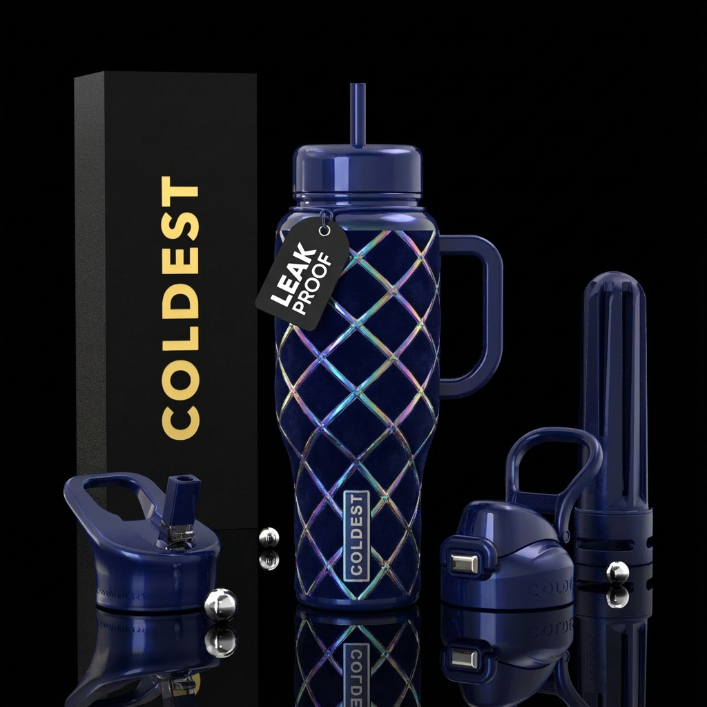 Diamond pane quilt with holographic gradient lines water bottle design