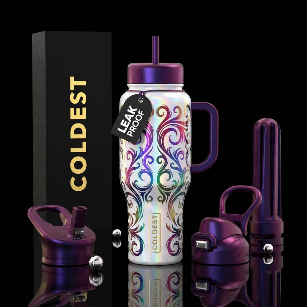 Gothic swirls jewel colors gradient on white holog... water bottle design