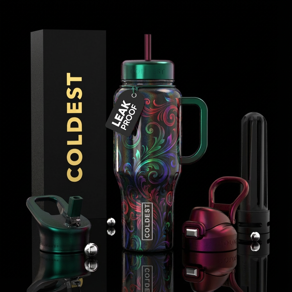 Gothic swirls jewel colors gradient on black holog... water bottle design