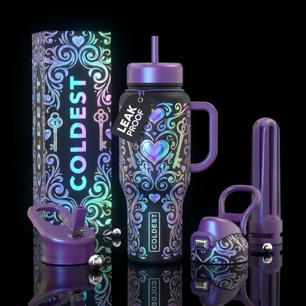 hearts and swirls and lock keys holographic  gradi... water bottle design