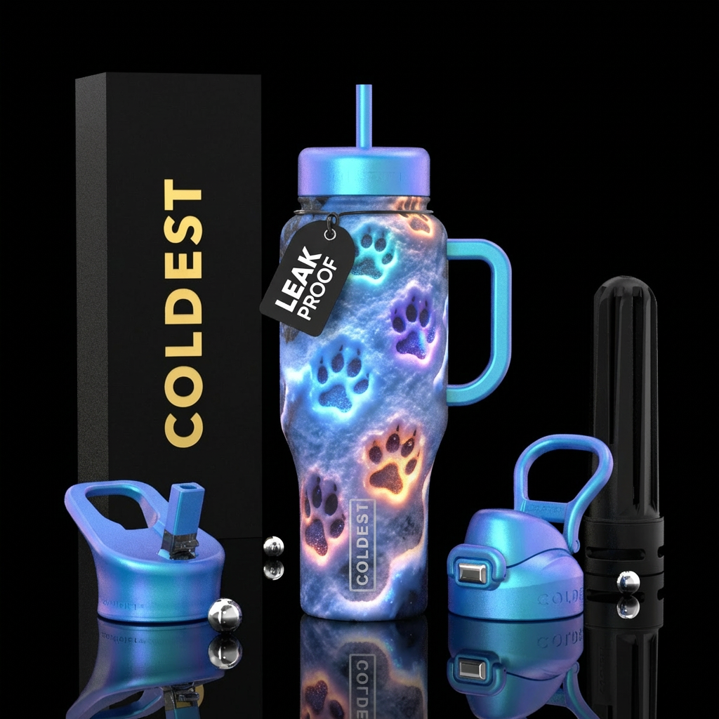 Paws prints glow in the snow water bottle design