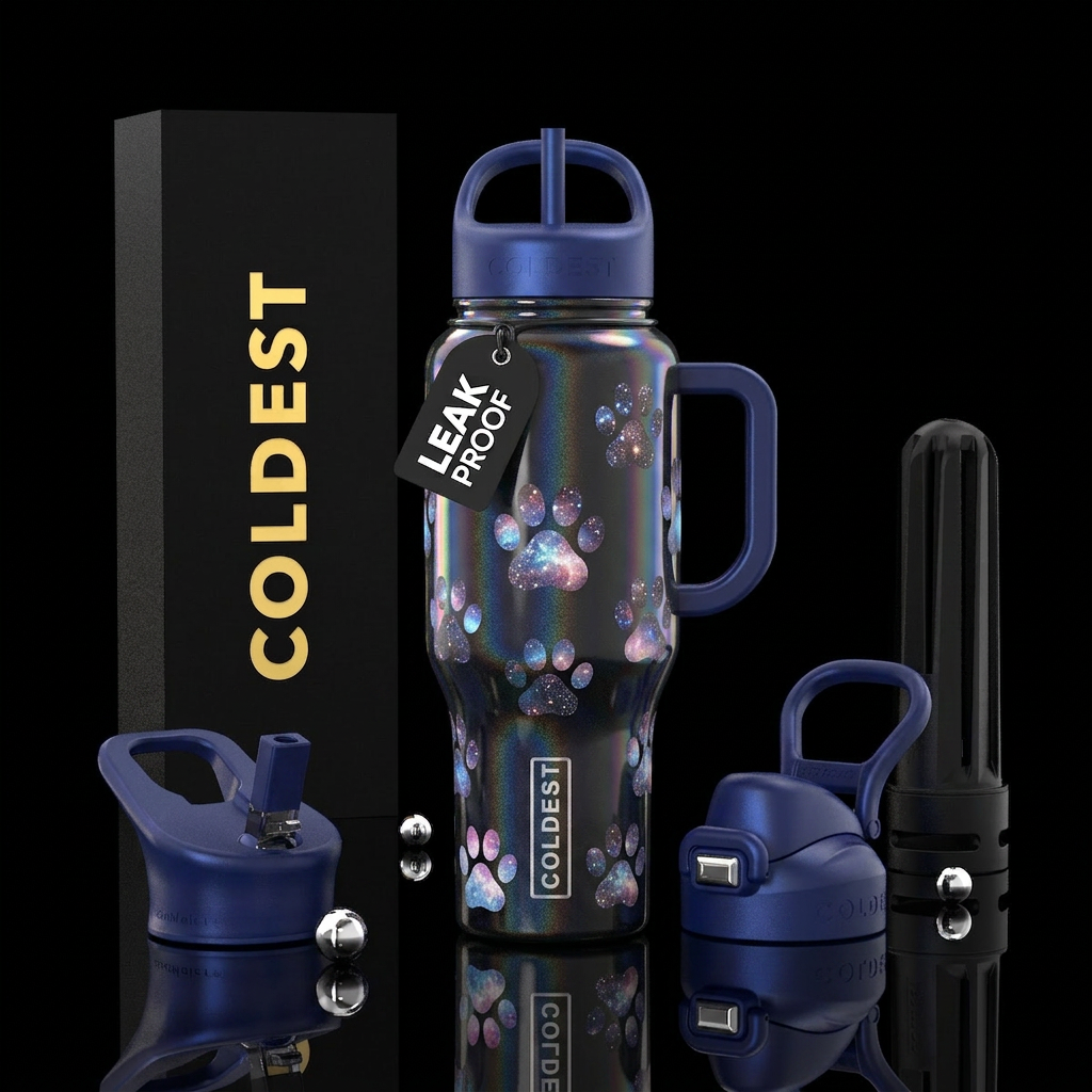 Galaxy paws prints on black holo water bottle design