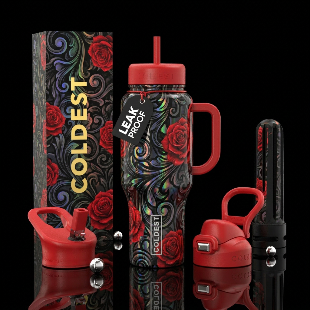Black holo baroque swirls and red roses water bottle design