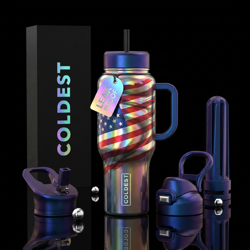 Holo waving tattered America flag water bottle design