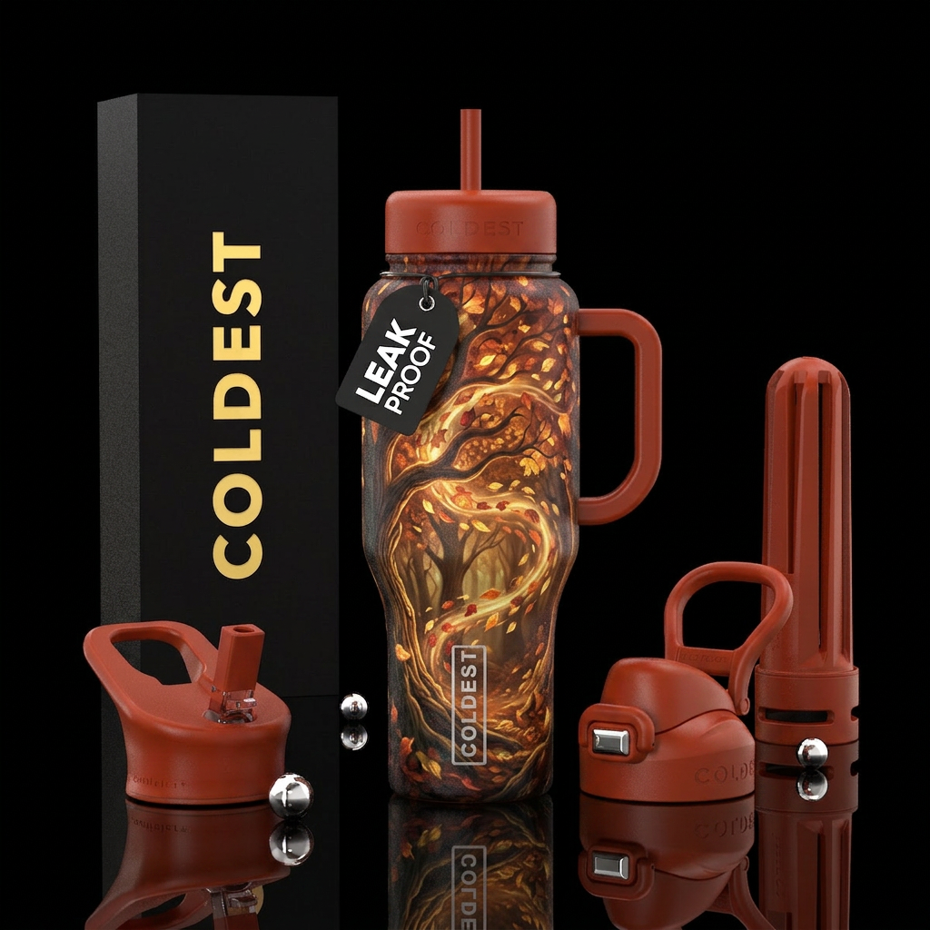 Autumn trees with swirling glowie leaves water bottle design
