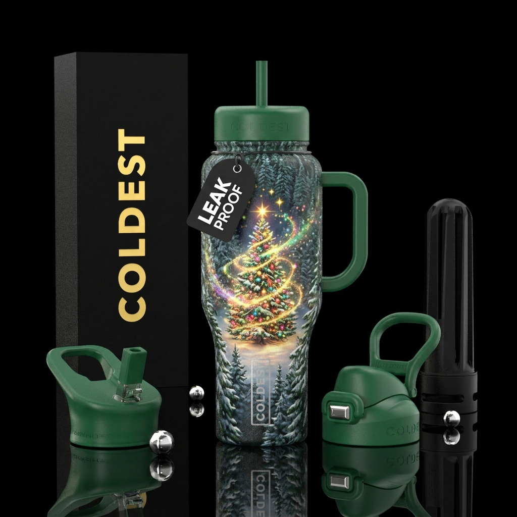 Snowy evergreen forest with large magical glowie C... water bottle design