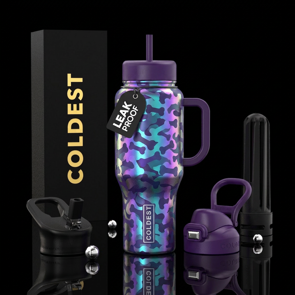 Holo dog bones camouflage in purples, blues and te... water bottle design