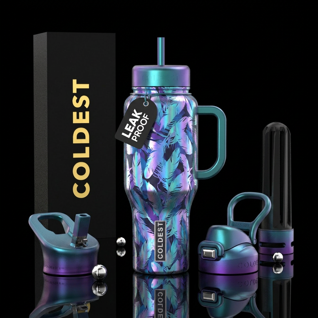 Holographic feathers camouflage in purples, teals water bottle design