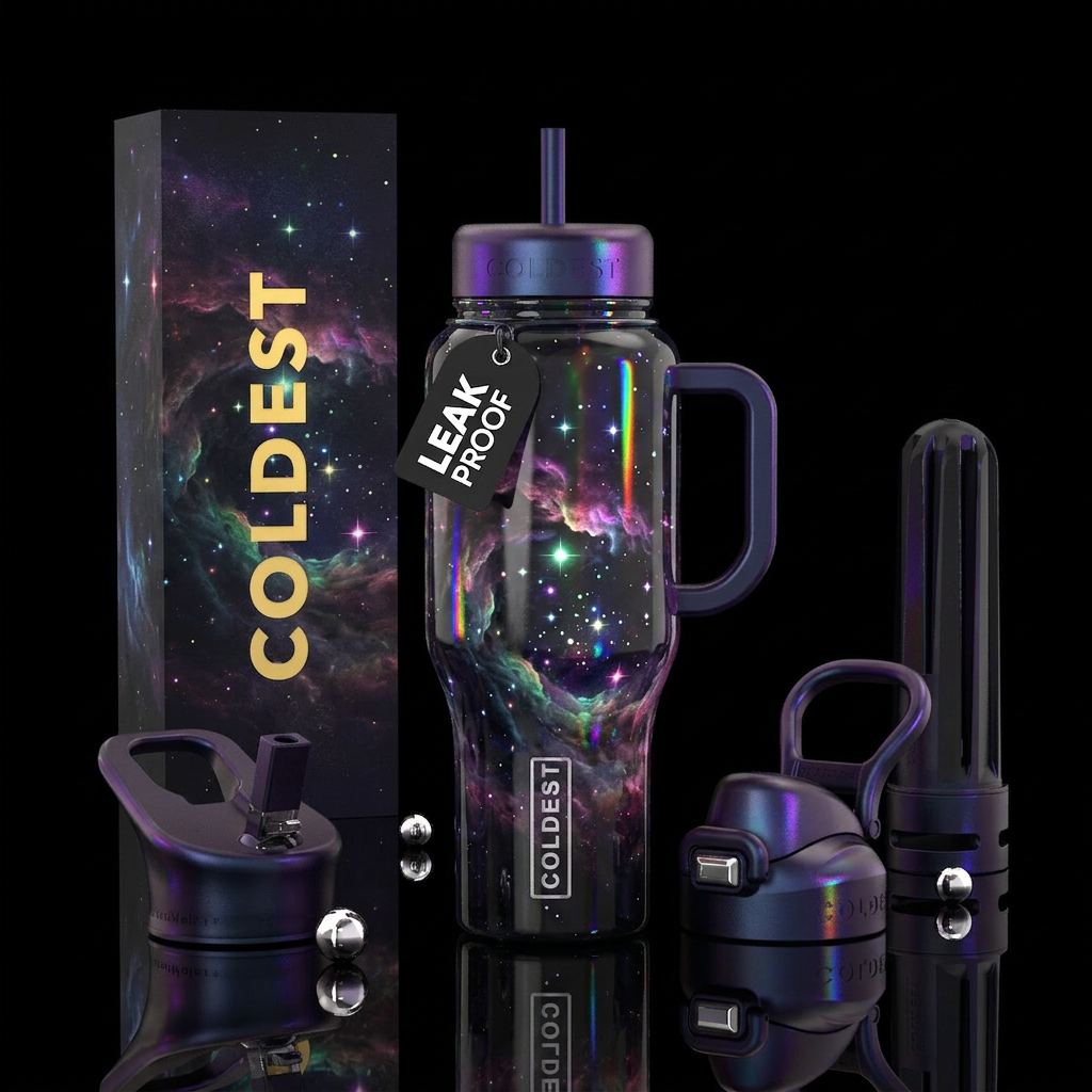 Dark holographic nebula with glow in the dark laye... water bottle design