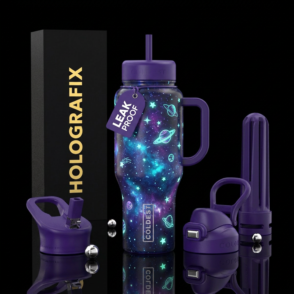 Dark holographic galaxy with glow in the dark plan... water bottle design