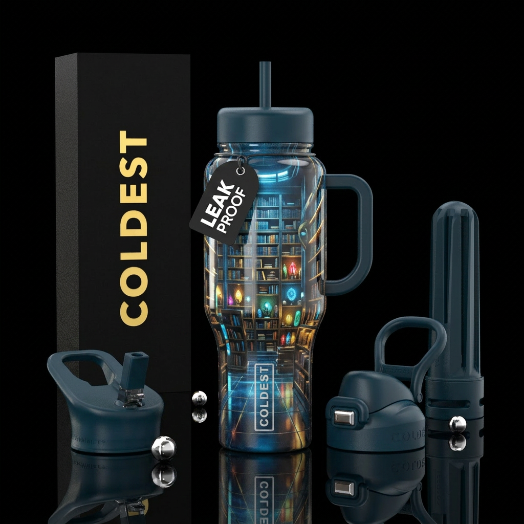 Futuristic library with case of artifacts water bottle design