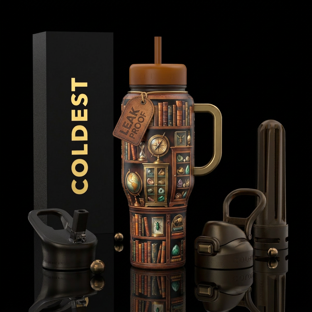 Old world bookstore with amazing curiosities water bottle design