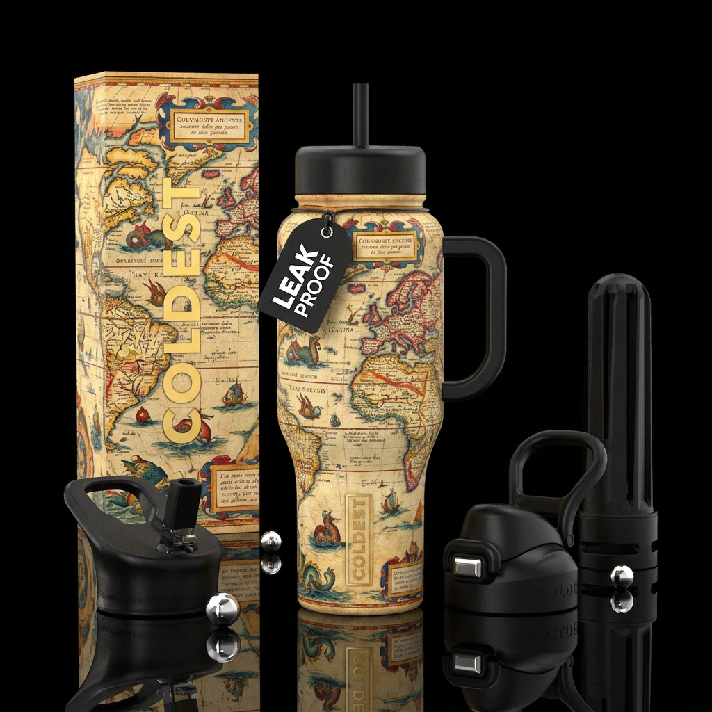 Ancient old world map with written notations water bottle design