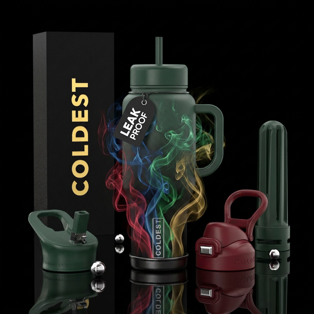 Rim of cauldron on bottom of bottle with red, blue... water bottle design