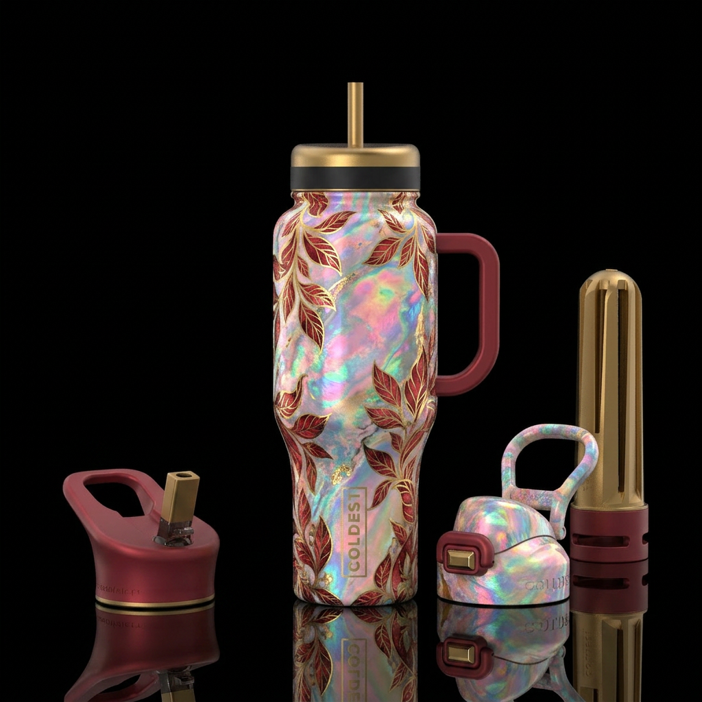 Opal with deep red and gold leaves water bottle design