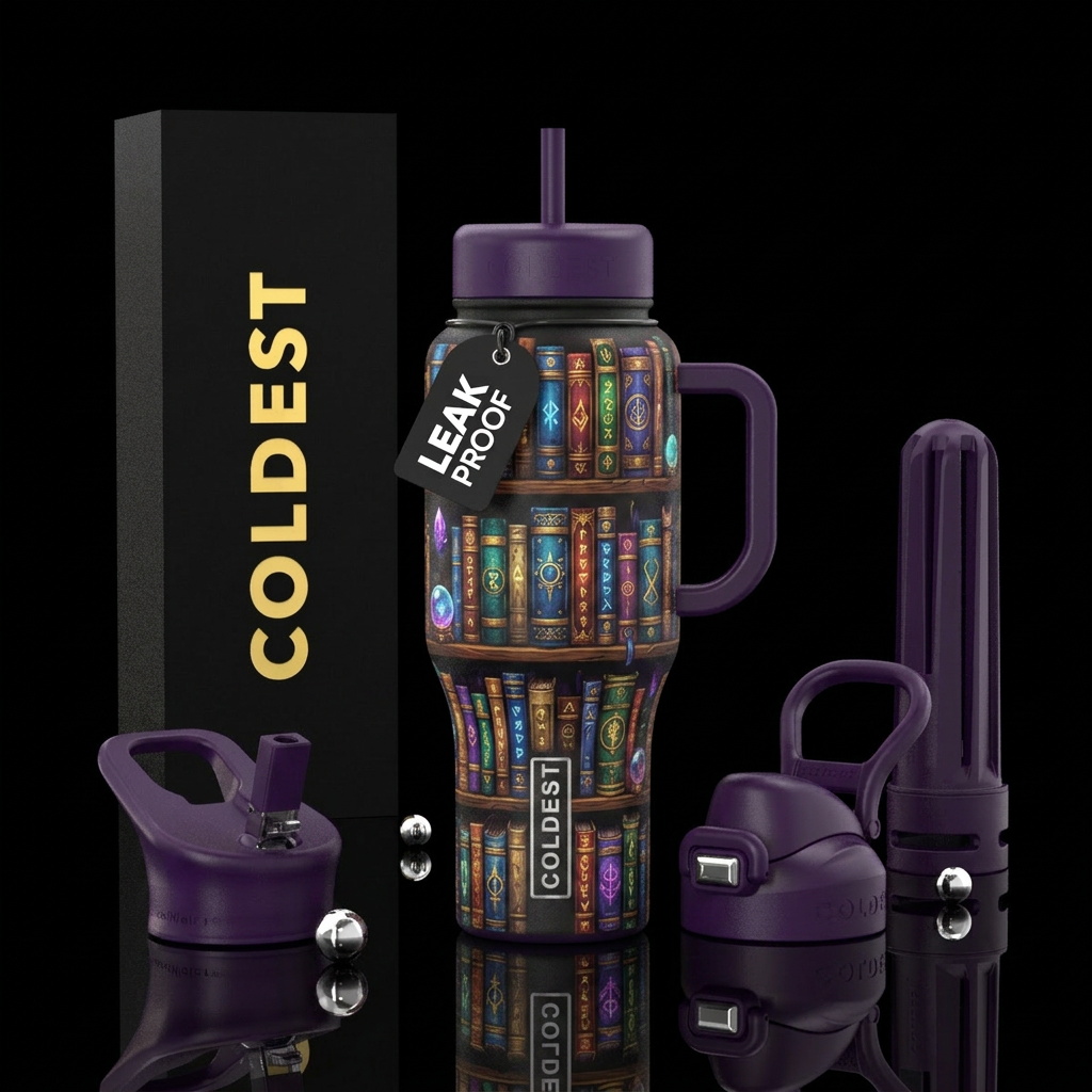 Wizards bookshelves with glowing spellbooks water bottle design