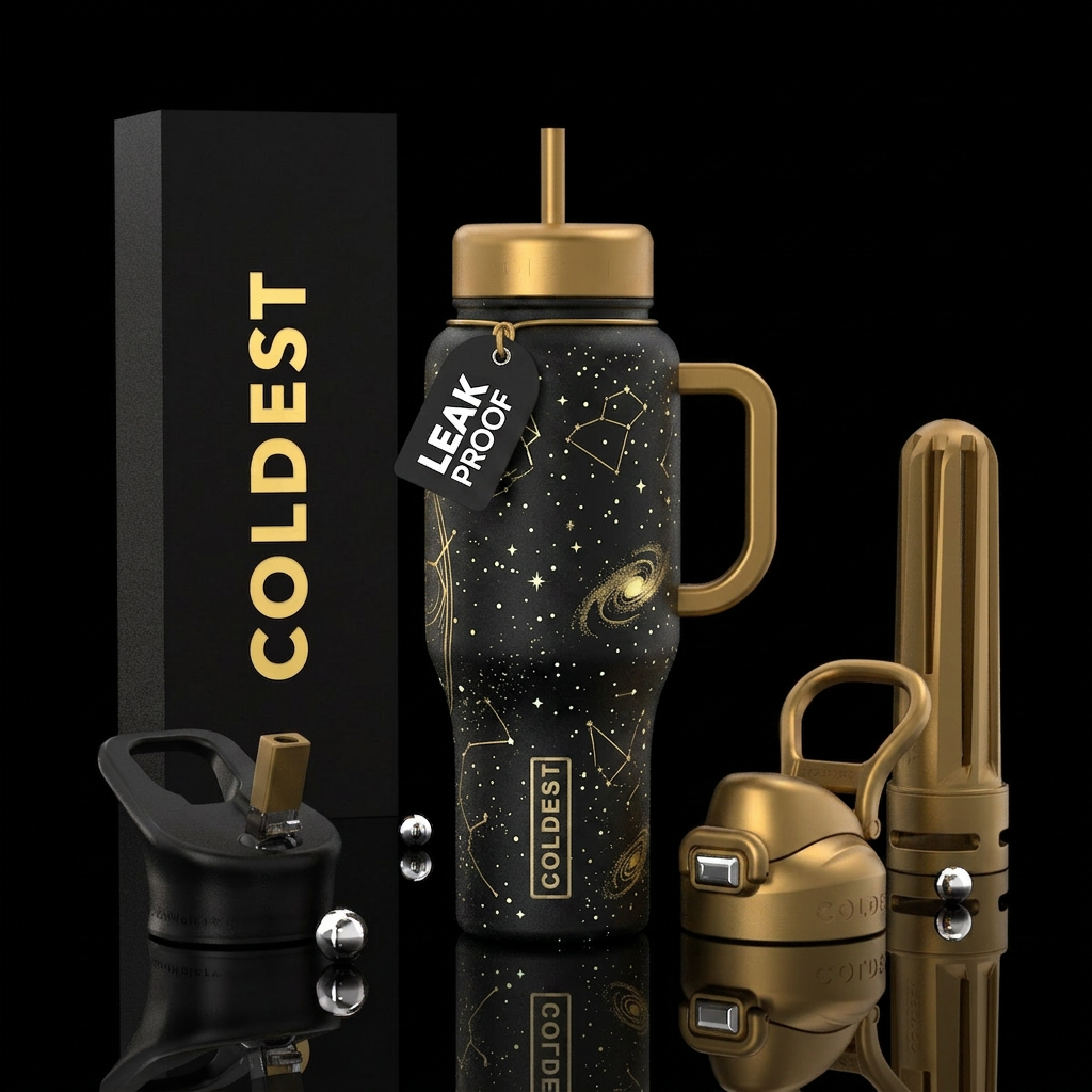 Black space with distant glow in the dark stars an... water bottle design
