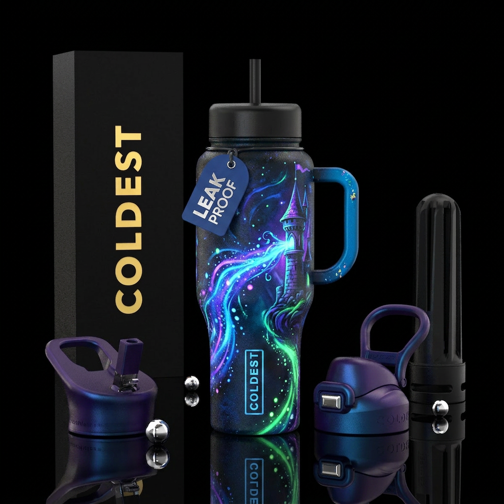 Glow in the dark magic streaming out of castle tow... water bottle design
