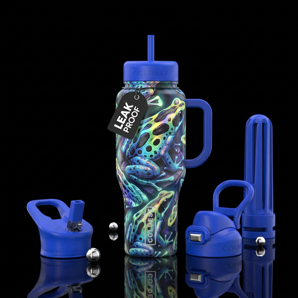 holographic blue poison dart frog with glow in the... water bottle design