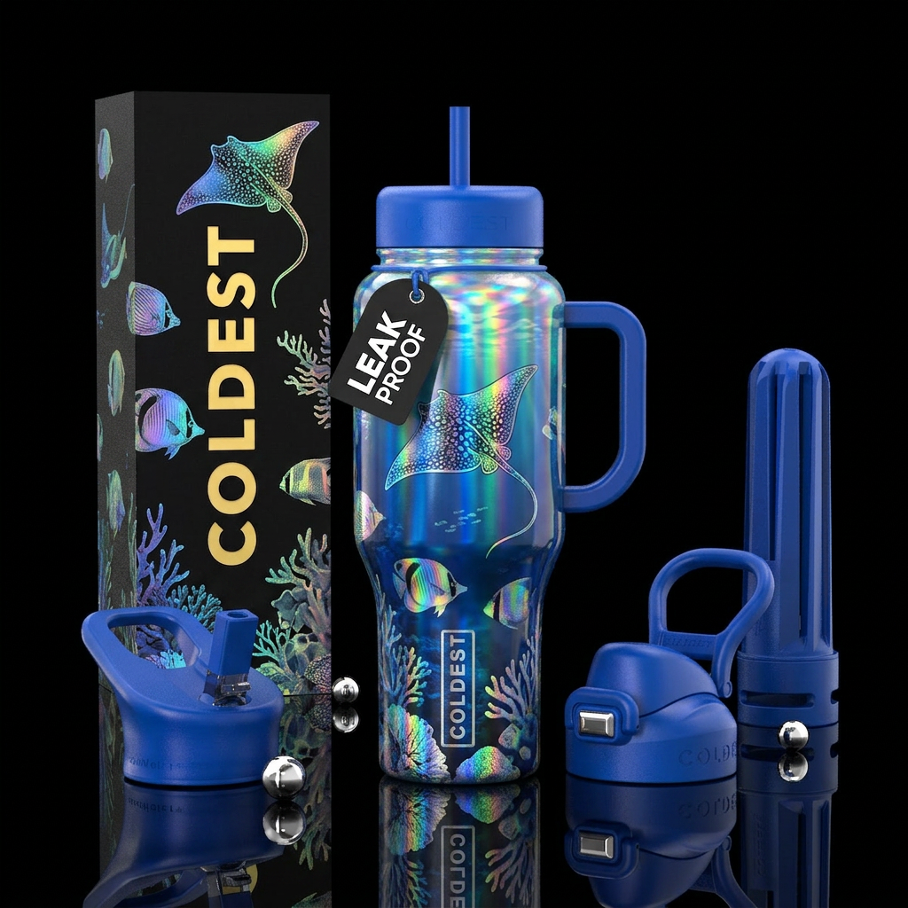 Holographic stingrays, fish, coral in blue ocean water bottle design