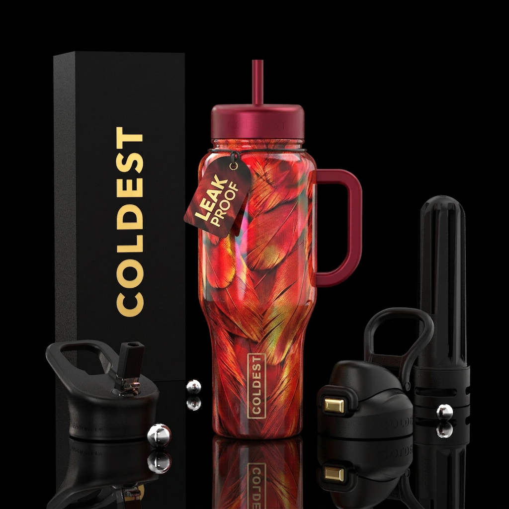 Red iridescent pheonix feathers water bottle design