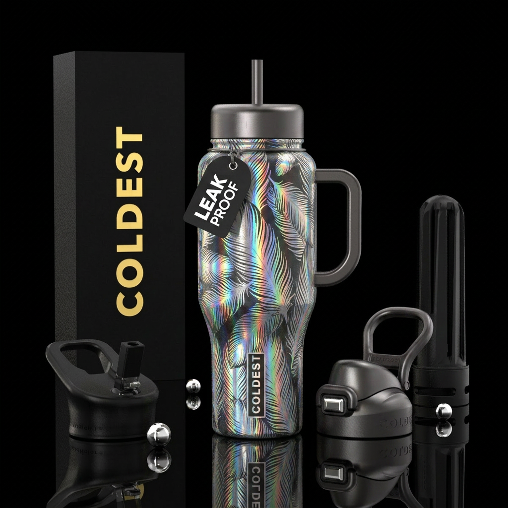 Silver holographic feathers water bottle design