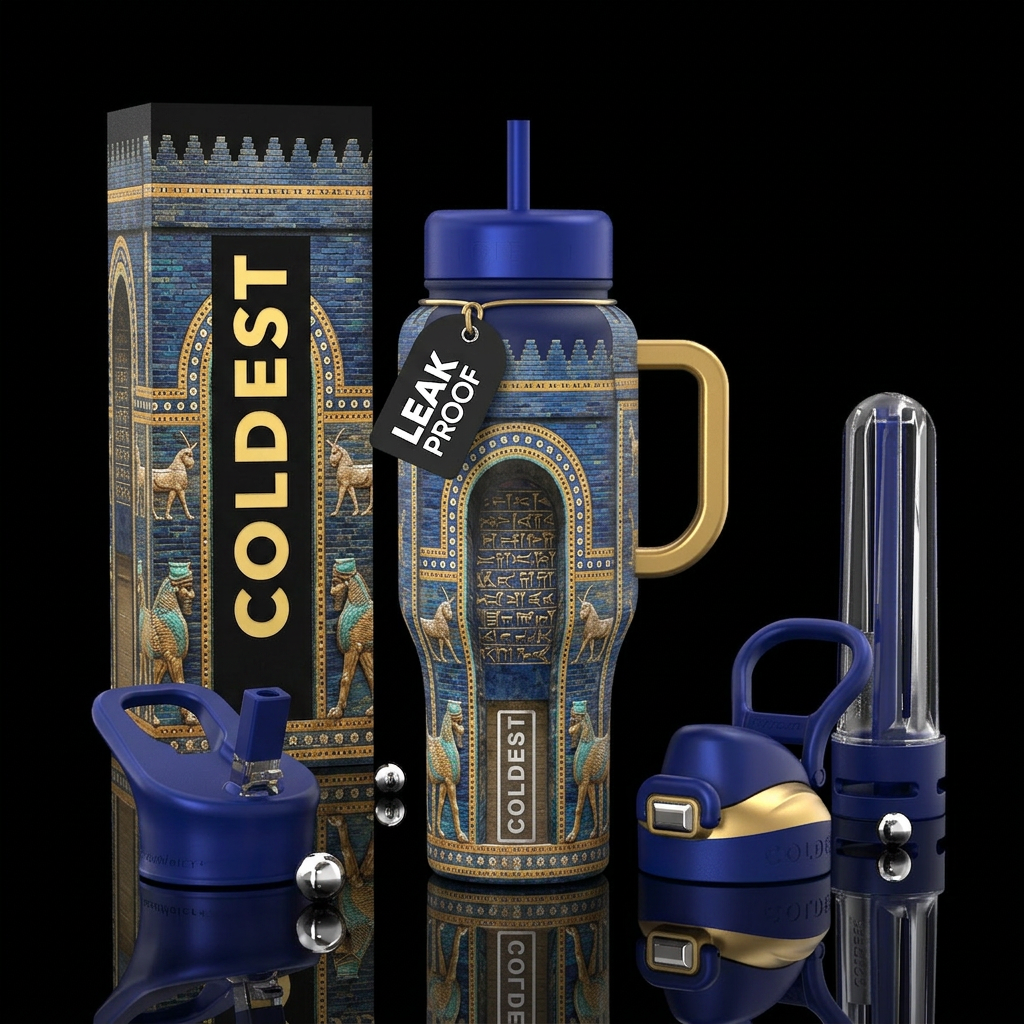 Sumarian city gates water bottle design