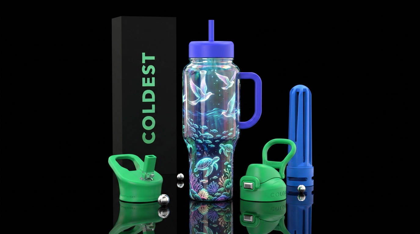 Glowing ocean life below and glowing birds above water bottle design