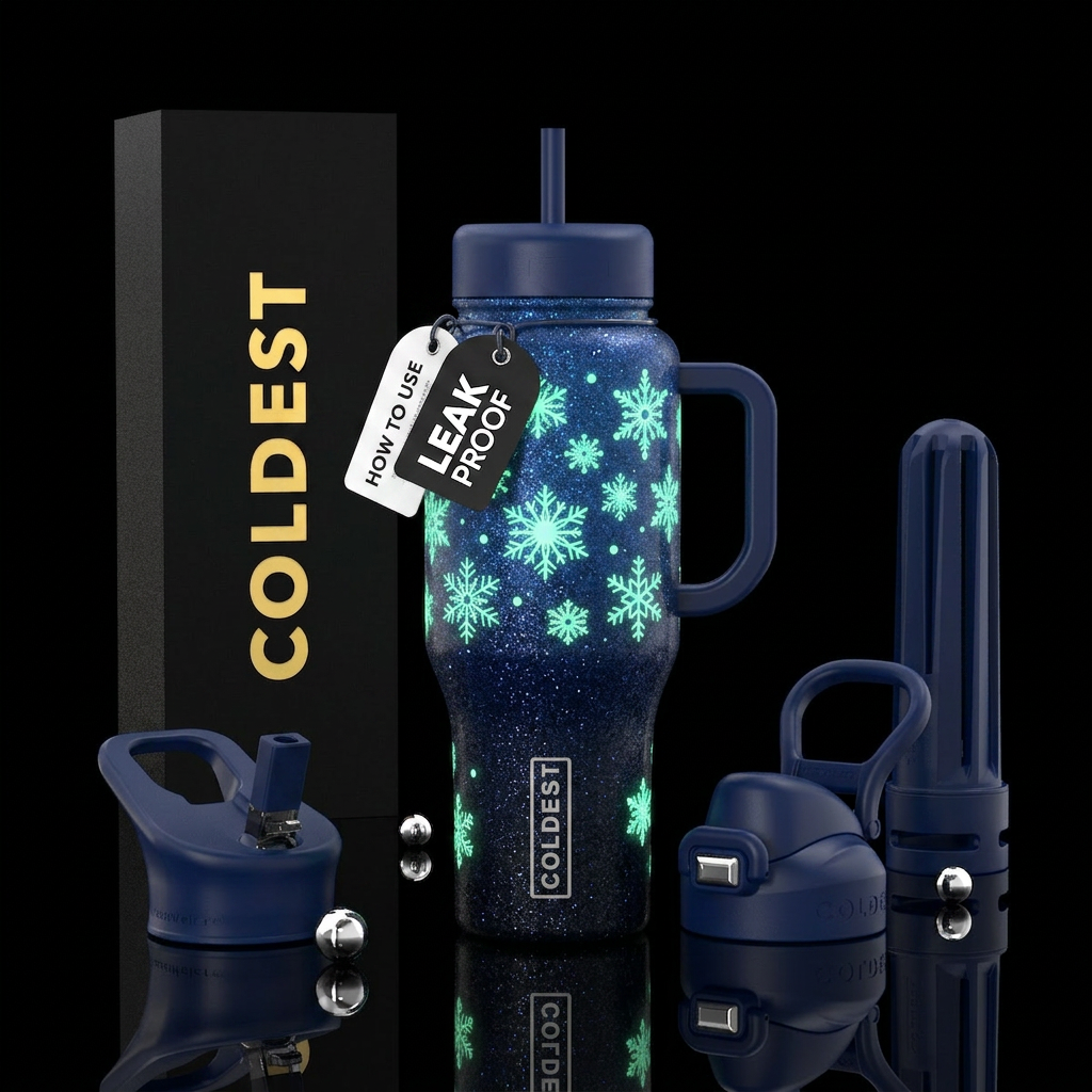 Dark blue glitter gradient with glow in the dark s... water bottle design