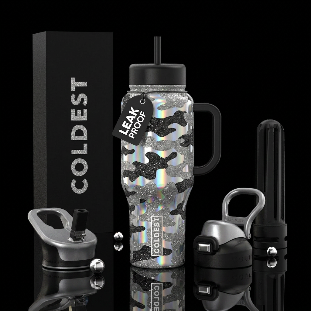 Camouflage in holographic silver, black and gray g... water bottle design