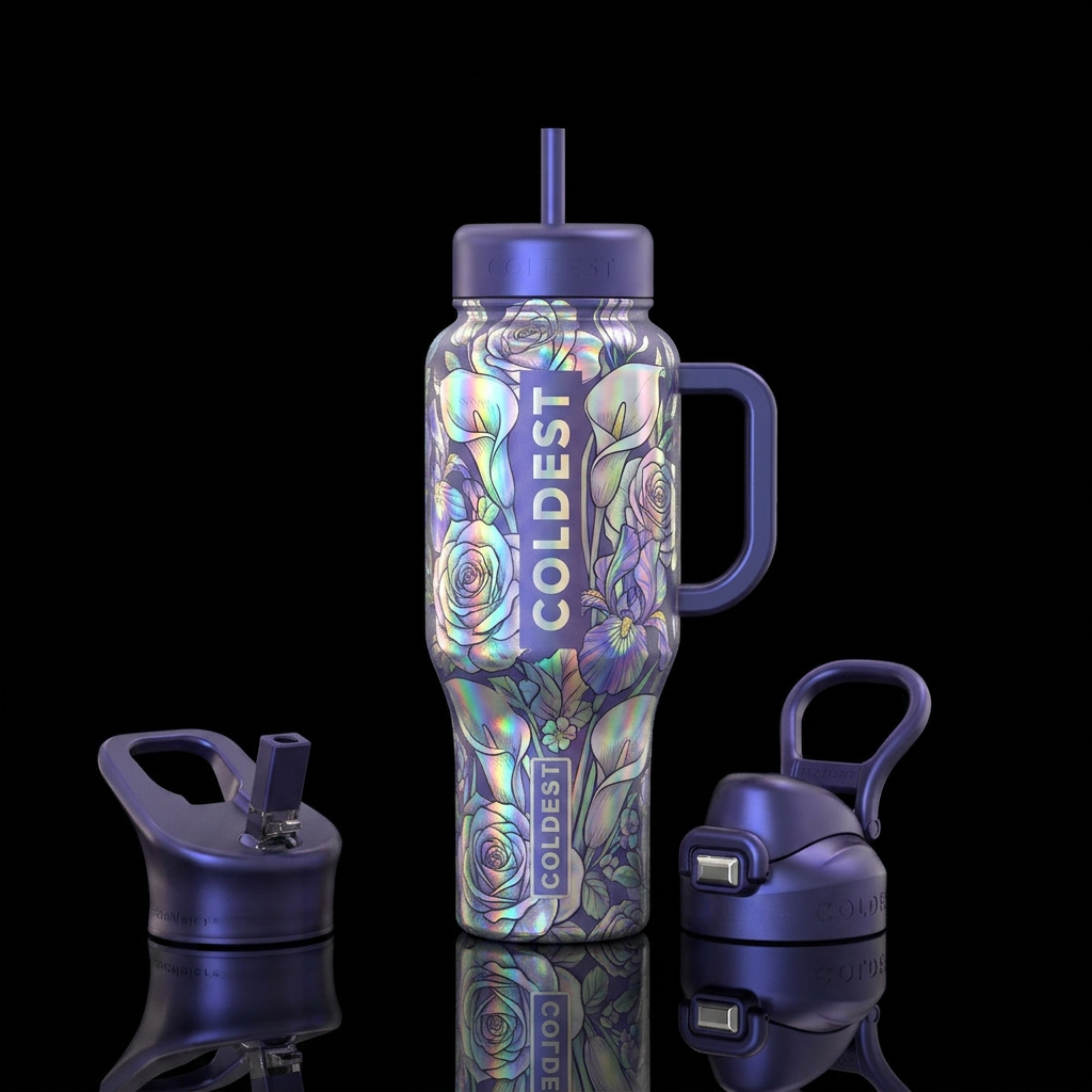 White holographic wedding bouquet of roses, calla ... water bottle design