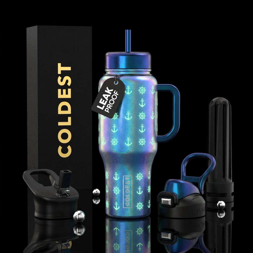 Holographic blue gradient bottle with glow in the ... water bottle design
