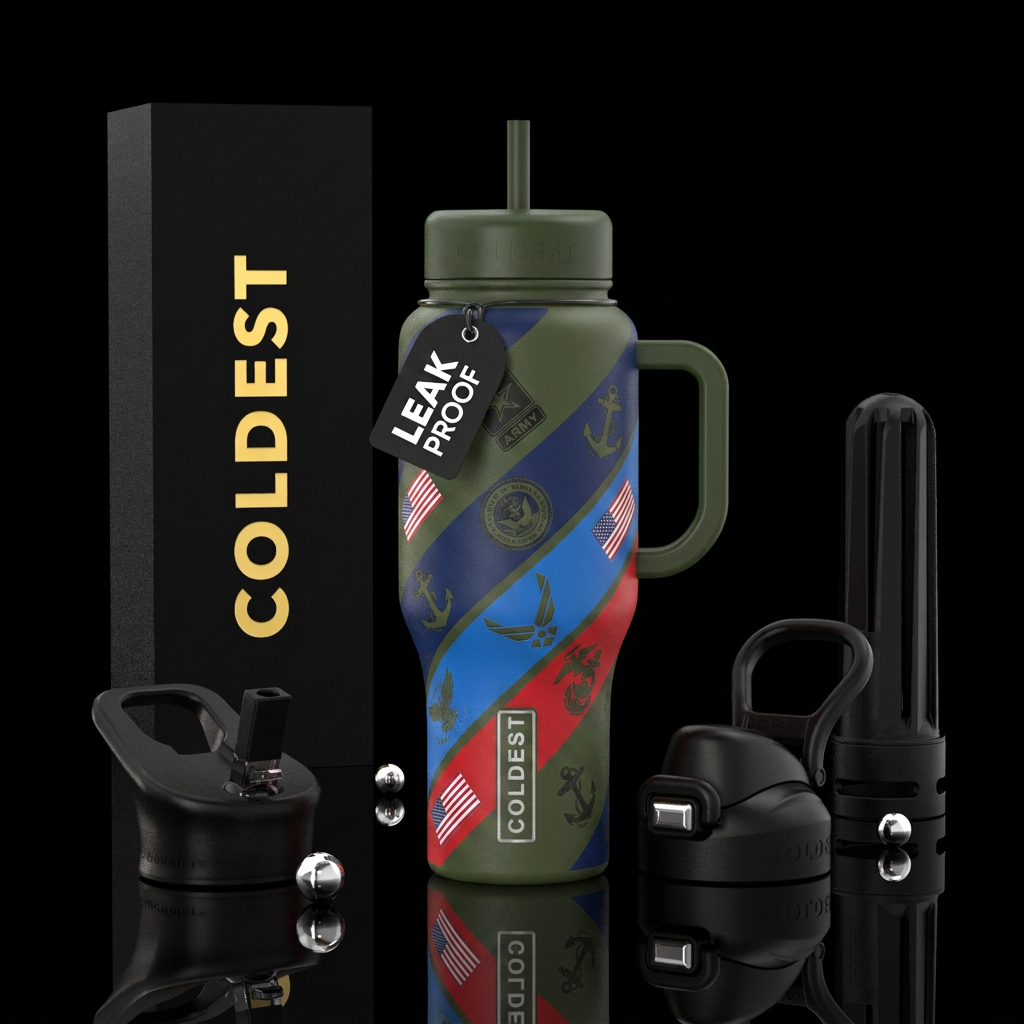 Large diagonal stripes of all four military branch... water bottle design